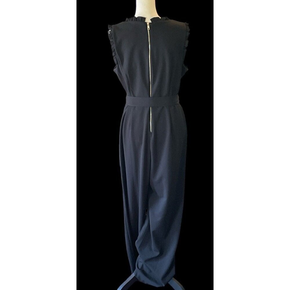Emma & Michele Womens V Neck Ruffle Jumpsuit Size 10 Black Zipper Tie - Picture 10 of 16